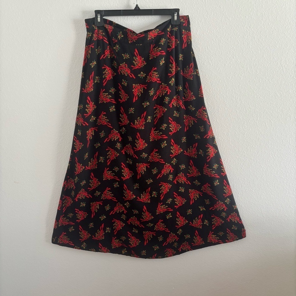 Vintage Holiday Bow & Holly Print Midi Skirt Sz Large Black Red Festive A-Line - Picture 5 of 10